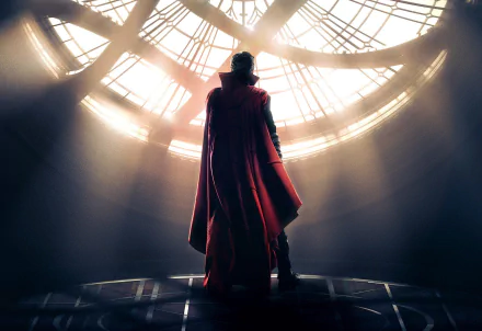 HD desktop wallpaper featuring Benedict Cumberbatch as Doctor Strange, standing dramatically in front of a large, illuminated window.