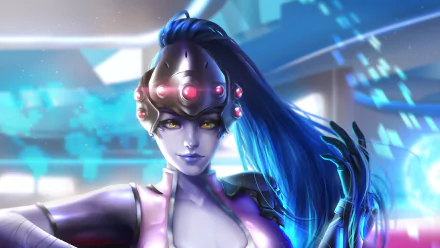 HD PC desktop wallpaper featuring Widowmaker from the video game Overwatch, showcasing her futuristic design and vibrant blue hair in a dynamic background.