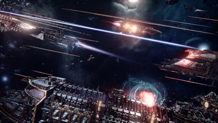 HD wallpaper featuring a Battlefleet Gothic: Armada space battle with ships exchanging fiery salvos amidst cosmic debris.