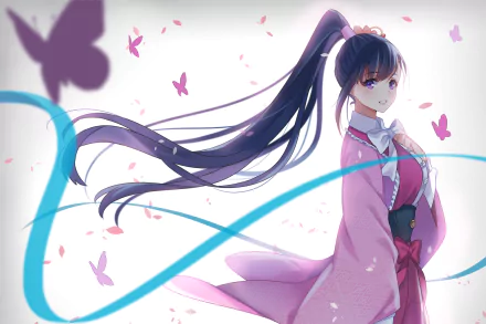 A vibrant HD wallpaper featuring Ayame Yomogawa from Kabaneri of the Iron Fortress, adorned in a pink kimono, surrounded by butterflies and petals.