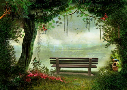 Artistic HD desktop wallpaper featuring a serene spring scene with a tree, colorful flowers, butterflies, and an empty wooden bench overlooking a misty landscape.