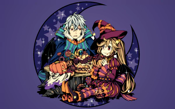 HD PC desktop wallpaper background — anime Halloween scene: witch girl and pumpkin-bearing boy pose before a starry crescent moon on a purple backdrop.