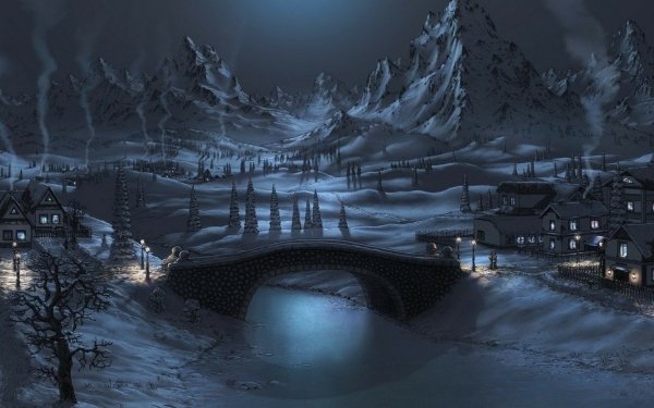 Artistic Winter Town Bridge Snow Tree Mountain River HD Wallpaper | Background Image