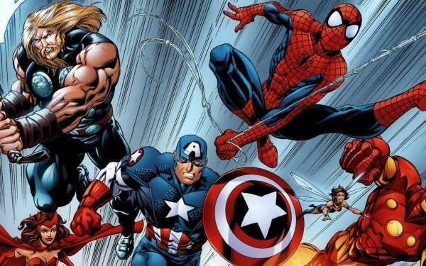 Comics Marvel Comics Superhero Thor Spider-Man Captain America Wasp Iron Man Wanda Maximoff Avengers Janet van Dyne Peter Parker Scarlet Witch HD Wallpaper | Background Image