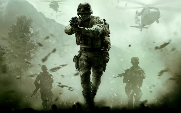 Dynamic HD wallpaper from Call of Duty: Modern Warfare Remastered, featuring armed soldiers advancing in a dramatic, smoky battlefield with helicopters overhead.