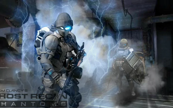 HD PC desktop wallpaper featuring armored soldiers from the video game Tom Clancy's Ghost Recon Phantoms in a stormy, high-tech combat scene.