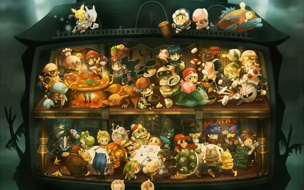 HD wallpaper of Super Smash Bros. Brawl featuring numerous characters from the game in a detailed, colorful illustration set inside a house-like structure.