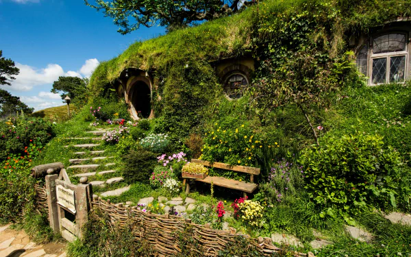 4K Ultra HD wallpaper of a man-made Hobbiton scene featuring charming greenery-covered hobbit homes under a bright blue sky.