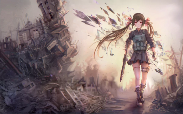 Anime-inspired military scene featuring a girl with long hair, holding a weapon, walking through a post-apocalyptic landscape. HD PC desktop wallpaper and background.