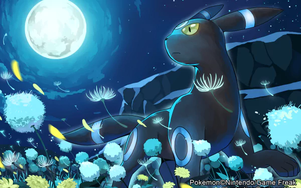 HD wallpaper featuring a shiny Umbreon under a moonlit sky, surrounded by glowing flowers, set as a Pokémon desktop background.