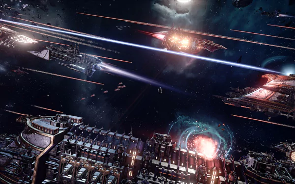 HD wallpaper featuring a Battlefleet Gothic: Armada space battle with ships exchanging fiery salvos amidst cosmic debris.