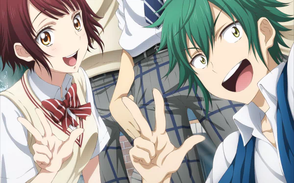 Anime characters Kentaro Tsubaki and Miyabi Itou from Yamada-kun and the Seven Witches smile and pose energetically in this vibrant HD desktop wallpaper.