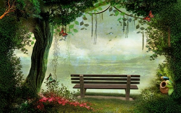 Artistic Spring Bench Flower Butterfly Tree HD Wallpaper | Background Image
