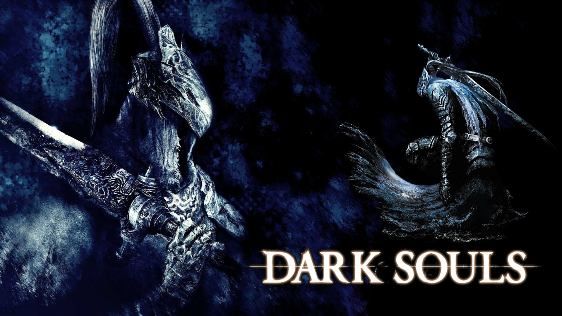 Dark Souls video game 2K Quad HD PC desktop wallpaper and background showing armored knight and spectral figure in dark blue, high-contrast fantasy battle scene with game logo.