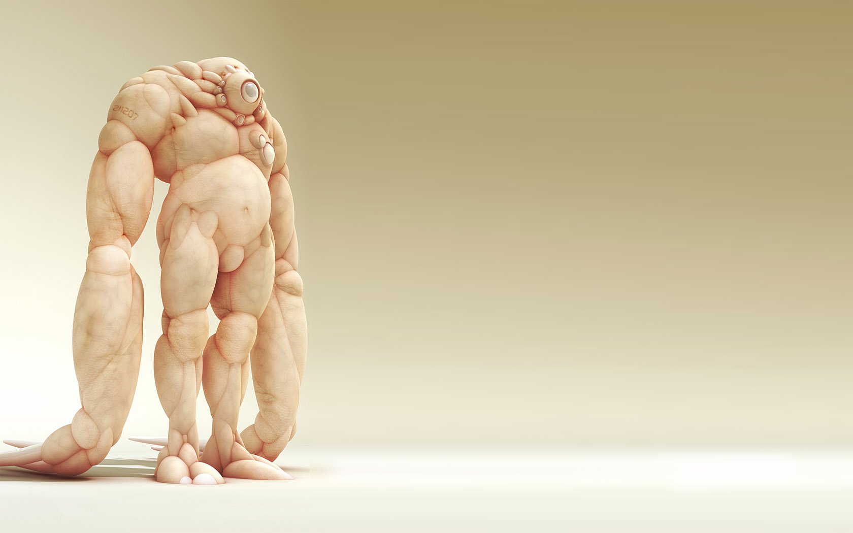 Artistic digital art of a large, abstract humanoid figure with exaggerated limbs standing on a smooth surface, designed as an HD PC desktop wallpaper and background.