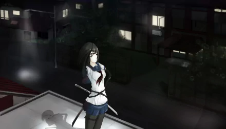 HD anime original artwork featuring a determined girl in a school uniform with a katana, standing on a rooftop at night, against a dimly lit urban backdrop.