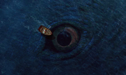 A dark, swirling sea conceals a giant eye beneath the surface, as a small boat navigates the eerie waters, hinting at the presence of a fantasy sea monster. HD wallpaper.