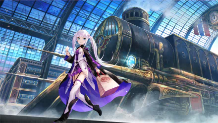 A high-definition wallpaper featuring a character from She Professed Herself Pupil of the Wise Man walking confidently beside a majestic steam train in a grand station setting.