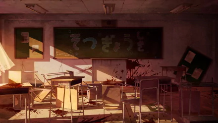 A haunting scene from Gakkou Gurashi! (School-Live!), depicting a classroom filled with overturned desks and unsettling elements, capturing the essence of this anime in a dramatic HD wallpaper.