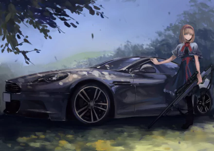 Alice Margatroid stands beside a sleek gray sports car in this HD anime wallpaper, set against a serene outdoor backdrop, embodying the charm of the Touhou universe.