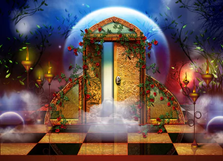 A gothic fantasy scene with a red door entwined in vines, surrounded by glowing candles on a checkered floor, enveloped in mist beneath a luminous moon—HD desktop wallpaper.