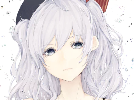 HD PC desktop wallpaper featuring Kashima from Kantai Collection anime with soft white hair and subtle water droplets in the background.