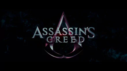 Logo of the movie Assassin's Creed displayed in a sleek, modern design, set against a dark background, featuring iconic elements from the game series. HD desktop wallpaper.
