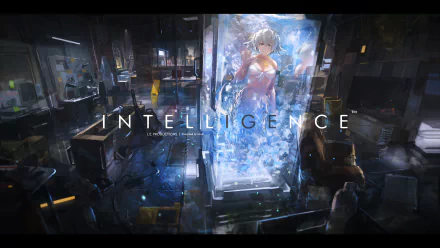 HD anime wallpaper featuring an original artwork of a female character encased in a clear, icy chamber, set in a high-tech lab environment with the word INTELLIGENCE prominently displayed.