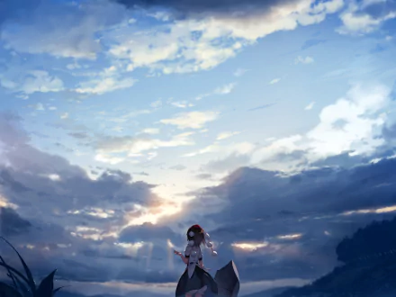 HD anime desktop wallpaper featuring Aya Shameimaru from Touhou standing in the rain under a dramatic, cloudy sky.