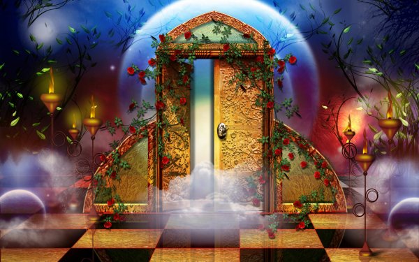 Fantasy Artistic Door Gothic Floor Red Candle HD Wallpaper | Background Image