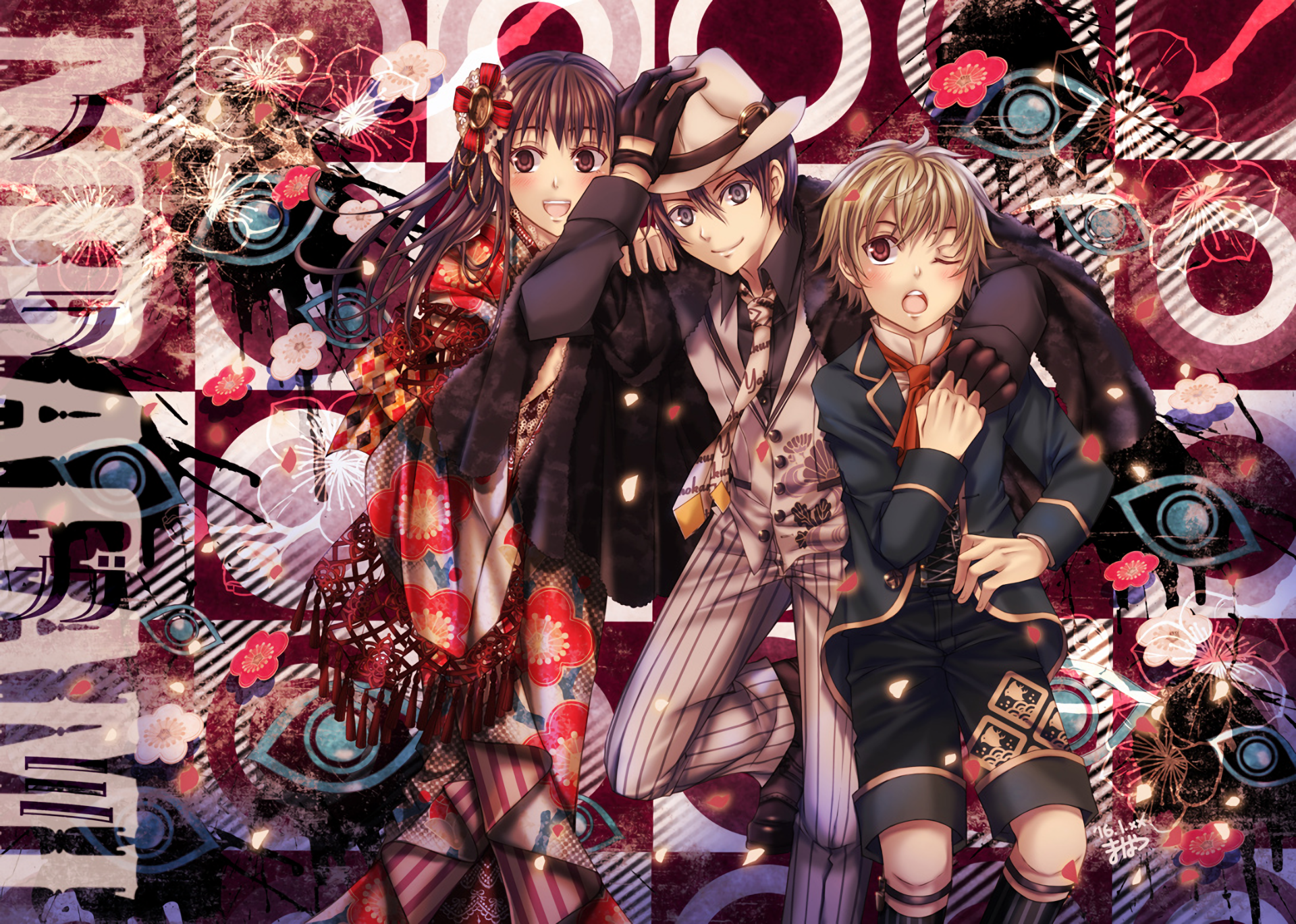 Anime characters Yukine, Yato, and Hiyori Iki from Noragami pose together against a vibrant background, showcasing their unique styles and dynamic personalities in this HD wallpaper.
