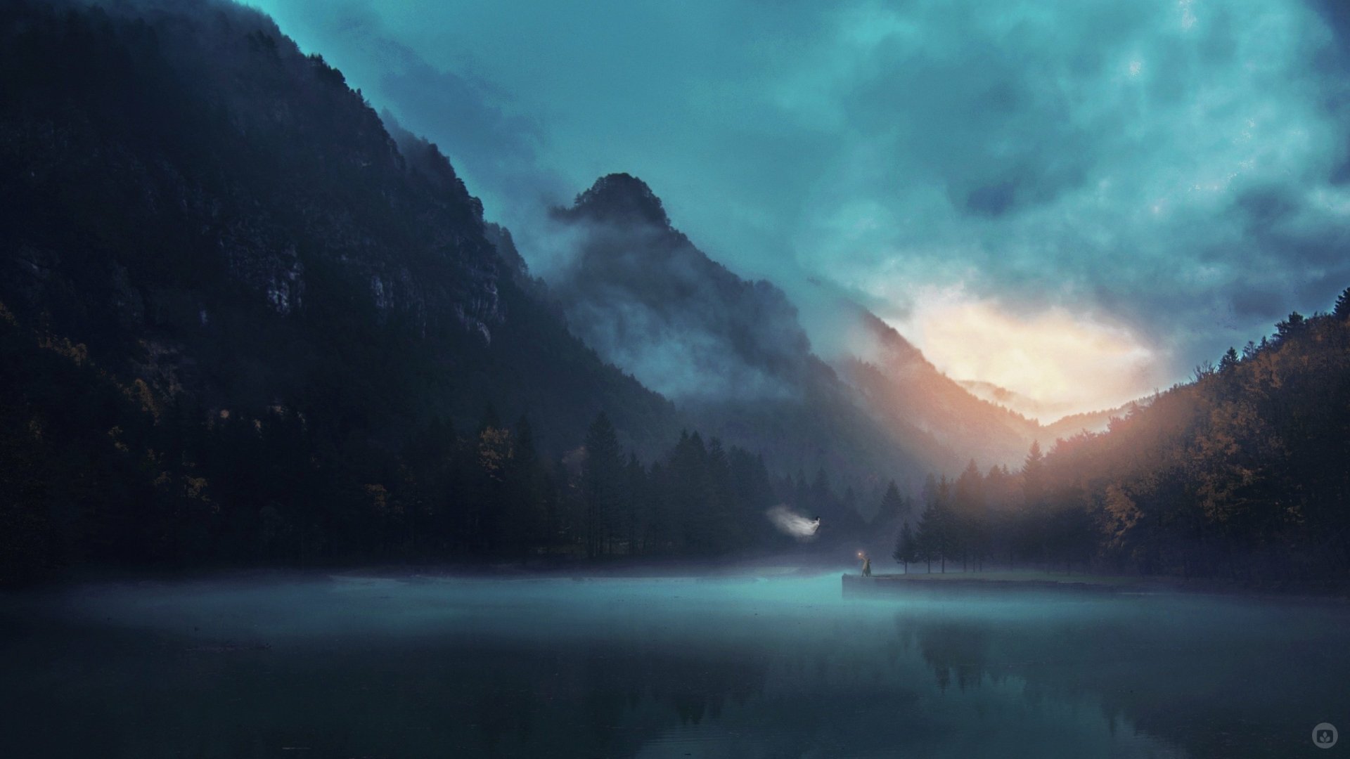 A serene landscape featuring fog enveloping mountains and a tranquil lake, creating an artistic atmosphere. This HD wallpaper captures a peaceful, adventurous vibe for your desktop.