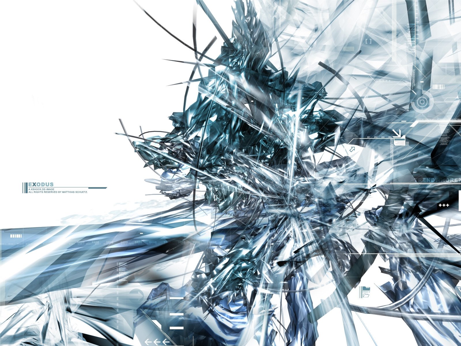 Abstract HD wallpaper featuring intricate CGI textures, dynamic shapes, and a palette of cool colors on a white background, creating a visually striking design.