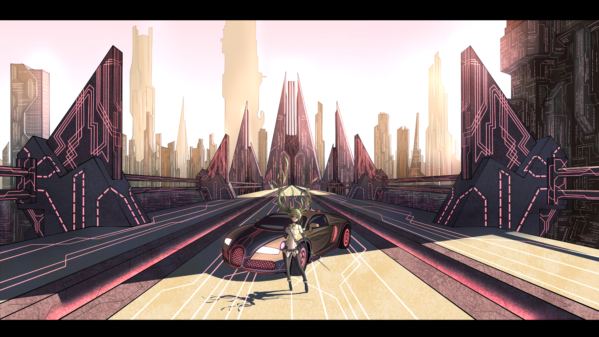 A vibrant HD desktop wallpaper featuring Hatsune Miku in a futuristic cityscape, showcasing her Miku Append design amidst striking geometric structures and a sleek car.