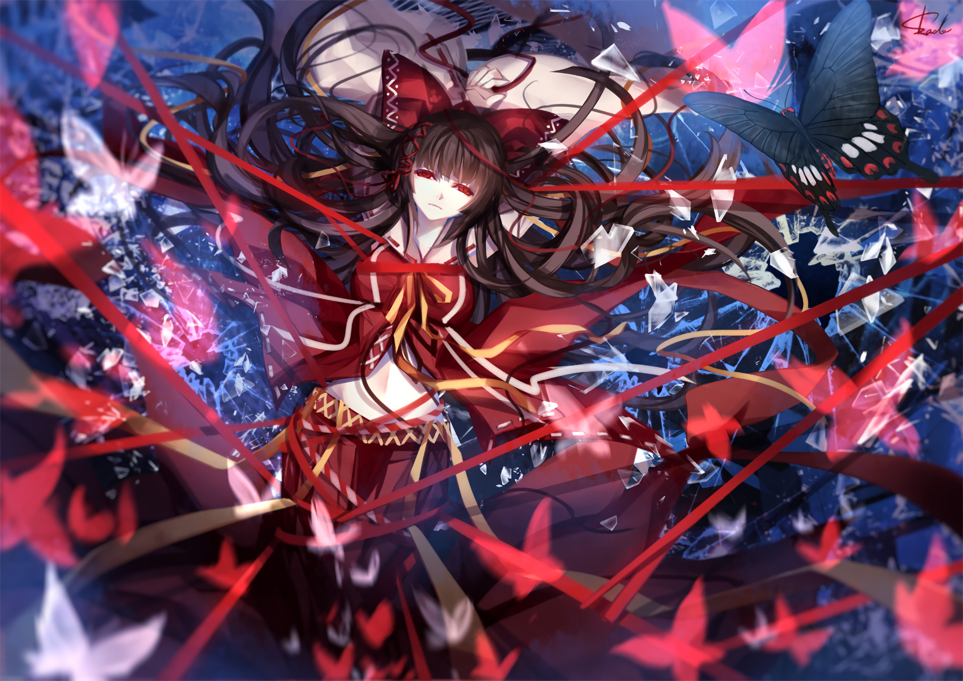 HD PC desktop wallpaper featuring Miko Hakurei from the Touhou anime series, surrounded by vibrant butterflies and dynamic red ribbons.