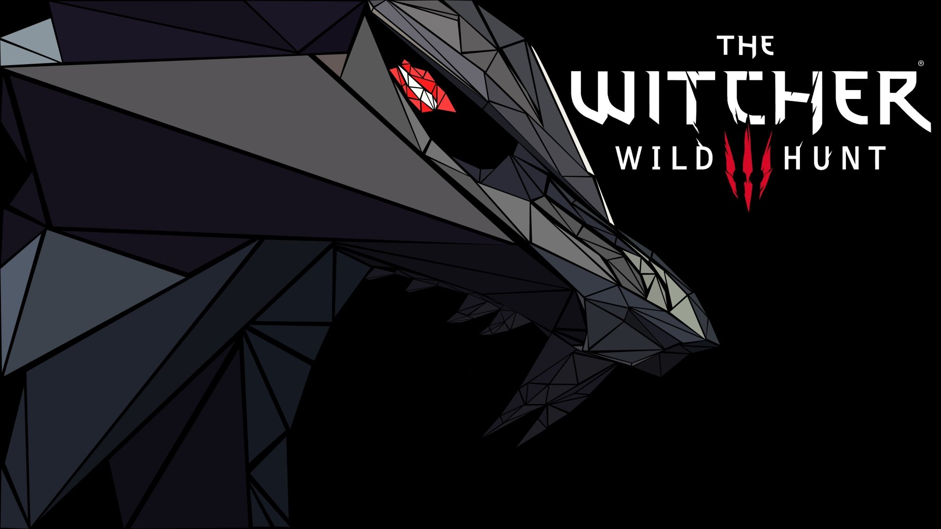 A striking 4K Ultra HD wallpaper featuring a geometric dragon's head from The Witcher 3: Wild Hunt, showcasing the game's iconic art style and logo.