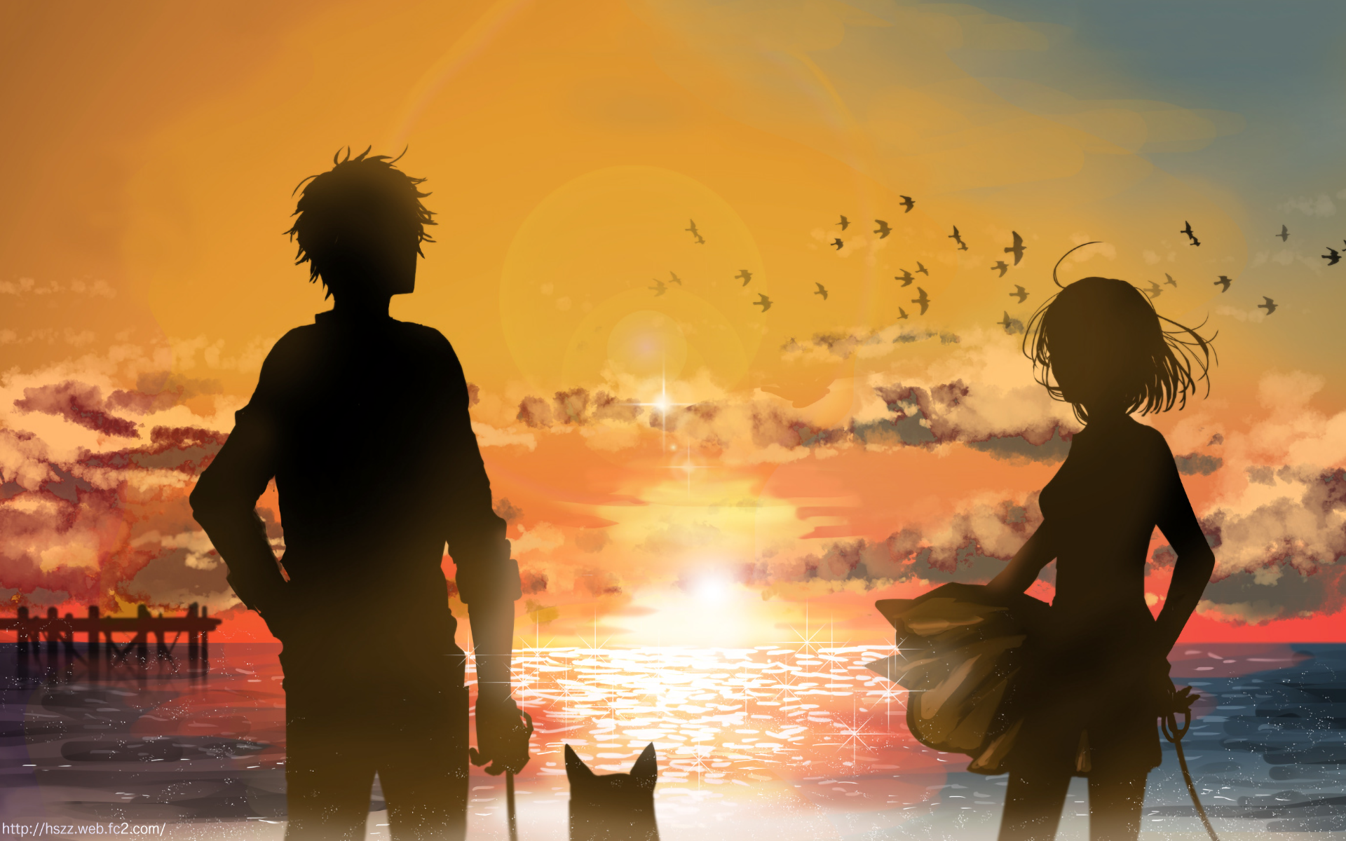 HD anime original desktop wallpaper featuring the silhouettes of a boy, girl, and cat against a vibrant sunset over the ocean with birds flying in the sky.