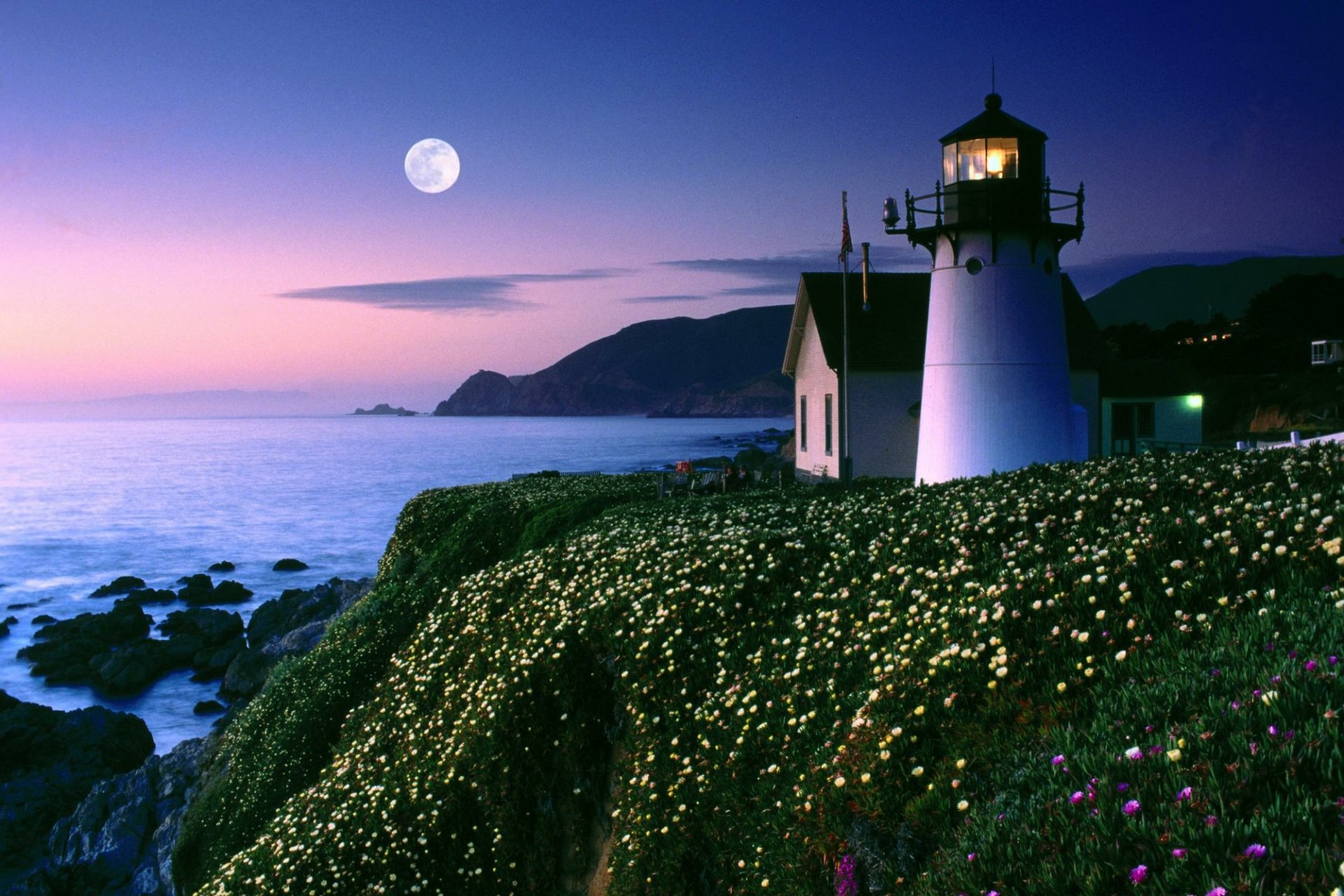 Download Moon Flower Coast Man Made Lighthouse HD Wallpaper