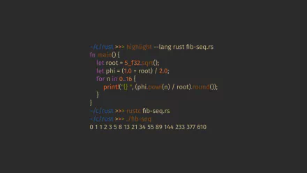 A sleek HD desktop wallpaper featuring colorful code in Rust programming language, showcasing a Fibonacci sequence algorithm on a dark background.