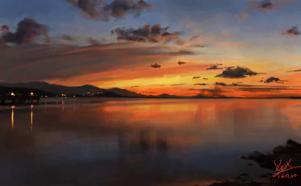 A stunning anime-inspired sunset over calm waters, featuring vibrant colors and reflections. This captivating scene serves as a 4K Ultra HD desktop wallpaper and background.