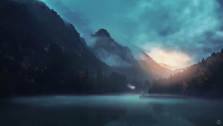 A serene landscape featuring fog enveloping mountains and a tranquil lake, creating an artistic atmosphere. This HD wallpaper captures a peaceful, adventurous vibe for your desktop.