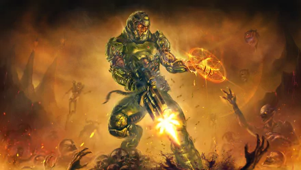 Doomguy battles hordes of demons in this intense HD wallpaper from the video game Doom (2016), capturing a dramatic moment filled with action and energy.