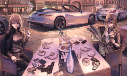 Anime HD wallpaper featuring two characters at a stylish café table, surrounded by luxury cars, coffee, and intriguing objects, showcasing a captivating blend of modern life and mystery.