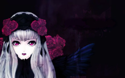 HD PC wallpaper featuring Suigintou from Rozen Maiden with pink eyes, gothic black and purple tones, and dark floral accents in a striking anime style.