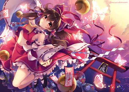 HD anime desktop wallpaper featuring Reimu Hakurei from Touhou, surrounded by glowing butterflies and vibrant shrine elements in a dynamic, colorful scene.