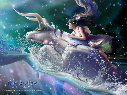 Blue night fantasy wallpaper: a child riding a luminous white bull through starlit waves, Taurus zodiac theme for HD PC desktop background.