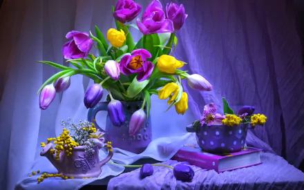 purple flower yellow flower purple book pitcher colorful colors tulip photography still life HD Desktop Wallpaper | Background Image