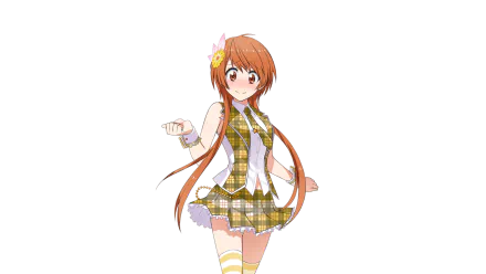 Anime character Marika Tachibana from Nisekoi poses in a cheerful outfit, featuring a plaid design, vibrant orange hair, and a playful expression, set against a colorful backdrop.