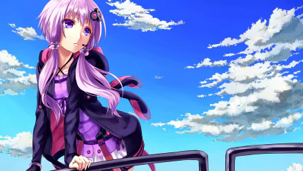 Anime-style HD desktop wallpaper featuring Vocaloid Yuzuki Yukari with long purple hair and purple eyes, set against a bright blue sky with white clouds.