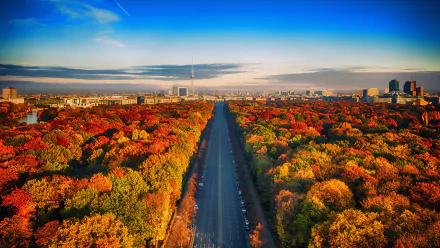 A vibrant aerial view of a highway cutting through a colorful fall forest in Berlin, Germany, with the city skyline visible in the background under a clear blue sky.